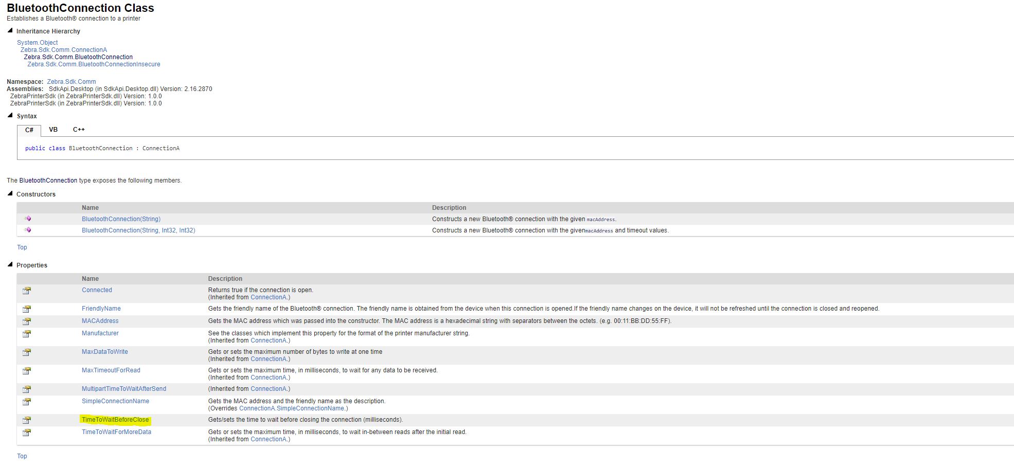 Xamarin BluetoothConnection Class Documentation